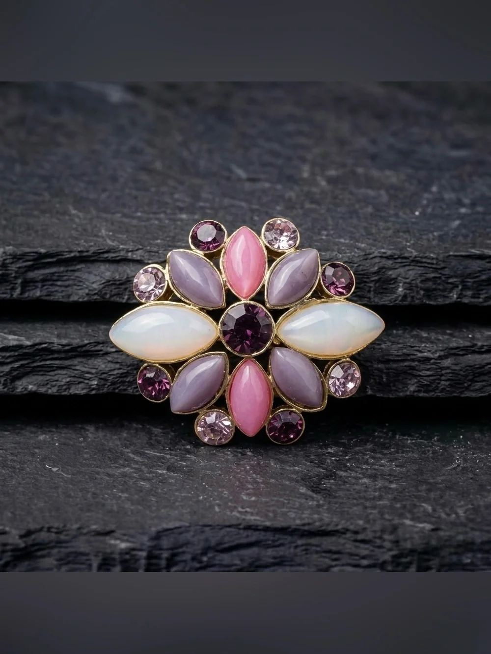 Vintage 90s Liz Claiborne Purple Pink Moonglow Lucite Marquise Rhinestone Brooch